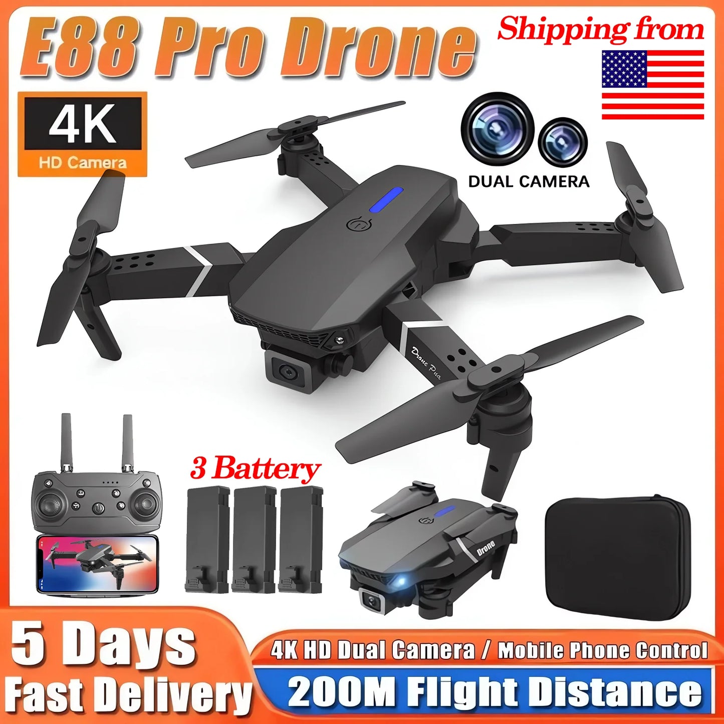 2024 E88Pro RC Drone 4K Professinal with 3 Battery 1080P Wide Angle HD Camera Foldable Helicopter WIFI FPV Height Hold Gift Toy