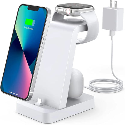 Charger Station for Apple Multiple Devices -  3 in 1 Fast Wireless Charging Dock Stand for Apple Watch & for Iphone 14 13 12 with Adapter, White