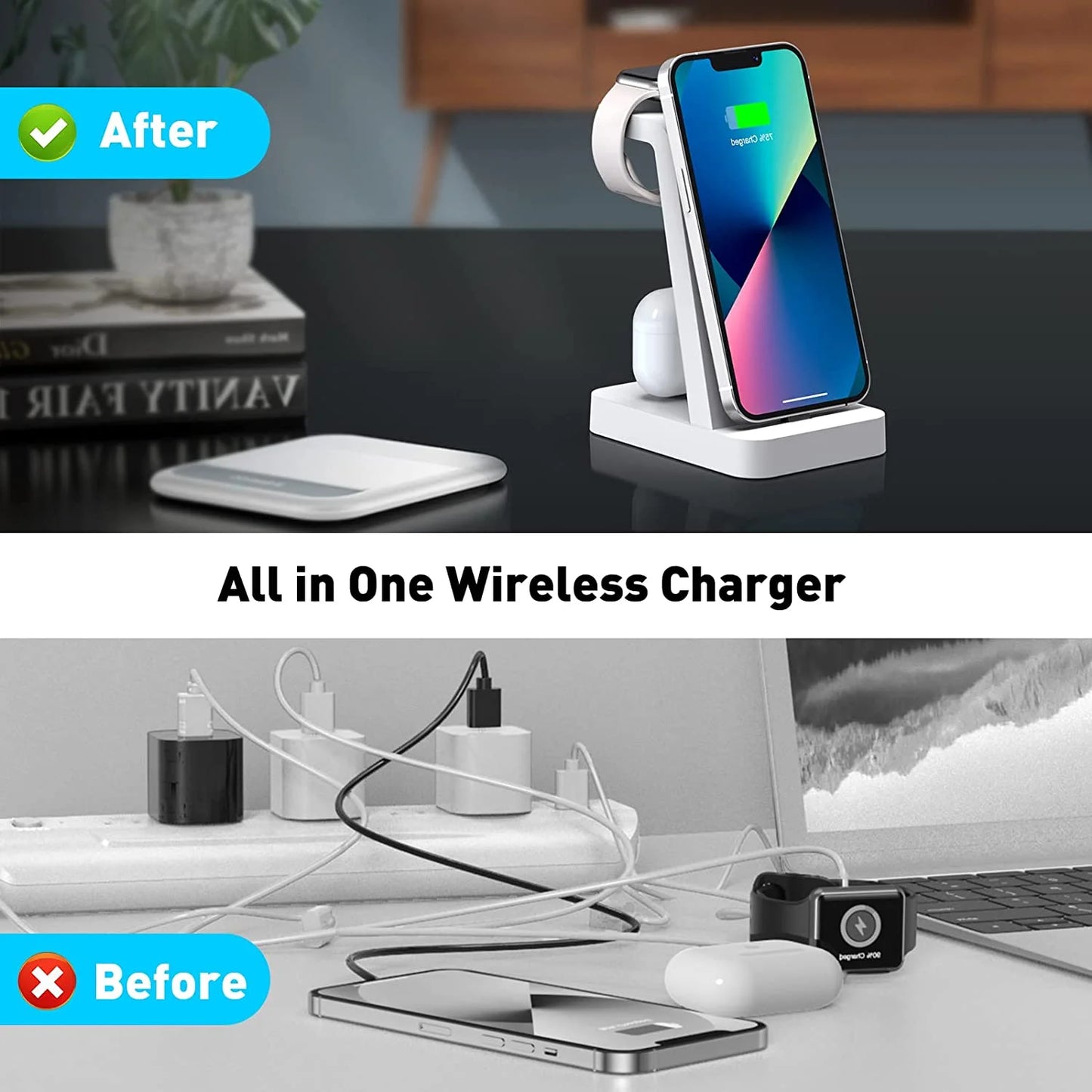 Charger Station for Apple Multiple Devices -  3 in 1 Fast Wireless Charging Dock Stand for Apple Watch & for Iphone 14 13 12 with Adapter, White